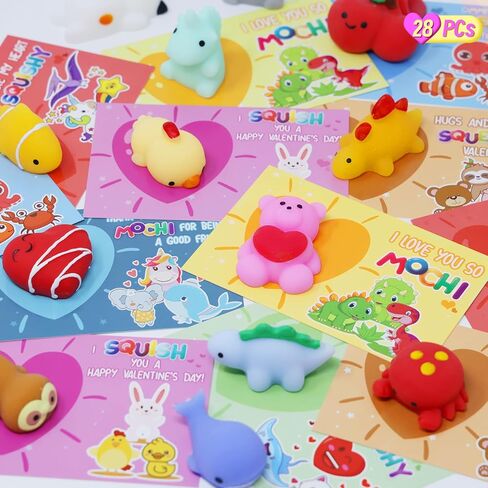 28 Packs Kawaii Mochi Squishy Greeting Cards for Kids School Classroom Valentine's Exchange Party Favors in Kuwait
