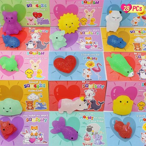 28 Packs Kawaii Mochi Squishy Greeting Cards for Kids School Classroom Valentine's Exchange Party Favors in Saudi Arabia