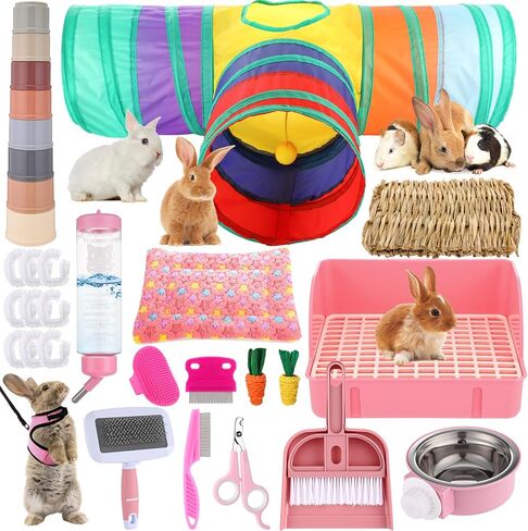 34 Pcs Rabbit Starter Kit Rabbit Litter Box Small Animal Water Bottle Stacking Cups Bunny Tunnels Animal Grooming Kit Bowl Blankets with Cleaning Set for Guinea Pig Rabbit Accessories in Kuwait