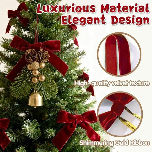 24 PCS Red Velvet Bows for Christmas Tree, Red Velvet Bows with Gold Ties, for Christmas Tree Party Front Door Wreath Holiday Indoor Inside Decor in Saudi Arabia