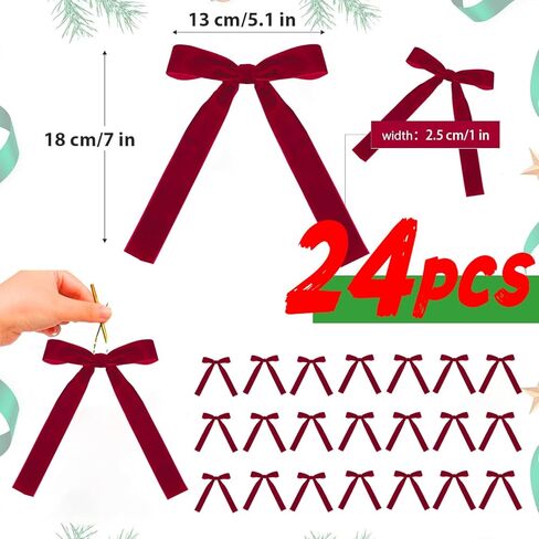 24 PCS Red Velvet Bows for Christmas Tree, Red Velvet Bows with Gold Ties, for Christmas Tree Party Front Door Wreath Holiday Indoor Inside Decor in Saudi Arabia