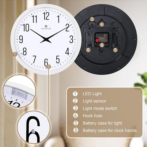 Lafocuse Night Light Wall Clock White, 12 Inch Silent Light up Wall Clocks Glow in The Dark Battery Operated for Bedroom Living Room in Saudi Arabia