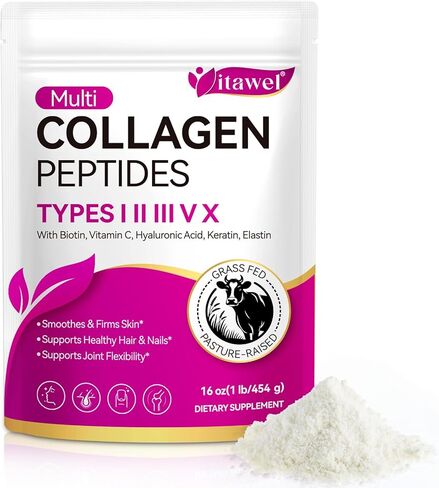 مسحوق ببتيدات الكولاجين المتعدد - الأنواع I، II، III، V، X - تغذية العشب، تربية المراعي - يدعم البشرة والشعر والأظافر والمفاصل - عديم النكهة، متحلل، سهل الخلط - غير معدّل وراثيًا، خالي من الغلوتين، خالي من منتجات الألبان in Kuwait