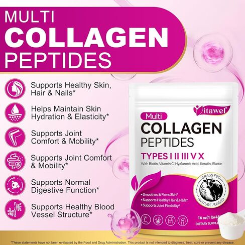 مسحوق ببتيدات الكولاجين المتعدد - الأنواع I، II، III، V، X - تغذية العشب، تربية المراعي - يدعم البشرة والشعر والأظافر والمفاصل - عديم النكهة، متحلل، سهل الخلط - غير معدّل وراثيًا، خالي من الغلوتين، خالي من منتجات الألبان in Kuwait