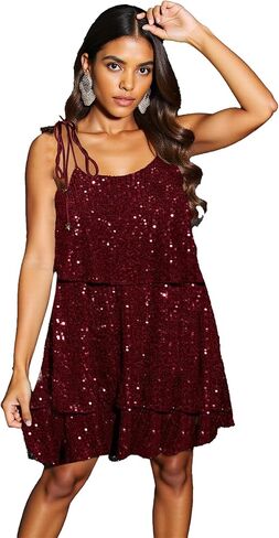 Womens Sequin U Neck Spaghetti Strap Tie Homecoming Dresses Layered Sparkly A-line Backless Sleeveless Dresses in Saudi Arabia