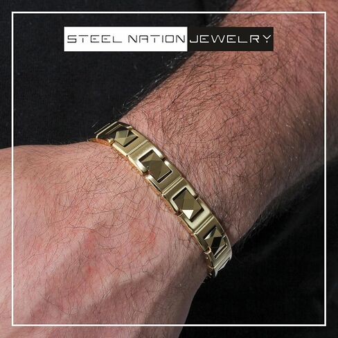 Men's Gold Tone Faceted Link Bracelet - Stainless Steel and Tungsten, Polished Finish, 8-3/4" in Saudi Arabia