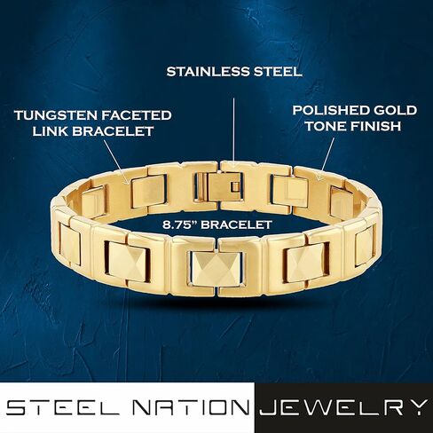 Men's Gold Tone Faceted Link Bracelet - Stainless Steel and Tungsten, Polished Finish, 8-3/4" in Saudi Arabia