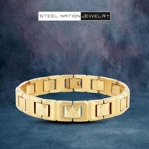 Men's Gold Tone Faceted Link Bracelet - Stainless Steel and Tungsten, Polished Finish, 8-3/4" in Saudi Arabia