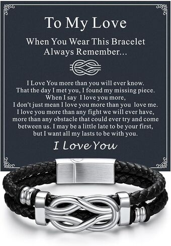 ChainsHouse Square Love Knot Bracelets for Men Braided Leather Stainless Steel Infinity Bracelets with Love Message Card Aniversary Birthday Gift for Men/Love/Husband/Dad in Saudi Arabia