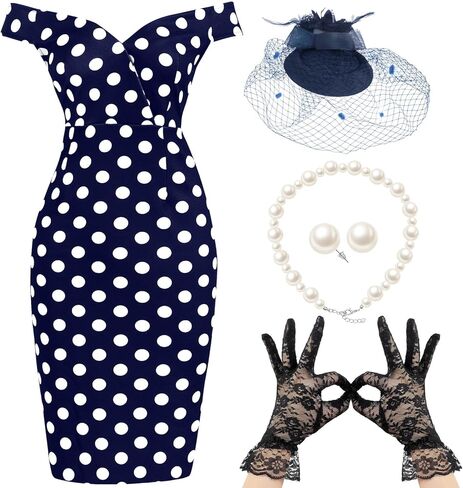 JenPen 5 Pcs Women's Vintage Polka Dot Dress Retro Pencil Dress Floral Spring Costume for Derby Tea Party Cocktail(Medium,Elegant) in Saudi Arabia