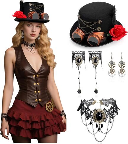 5 Pcs Steampunk Costume Accessories for Women with Hat Gear Earrings Gothic Floral Bracelet Choker for Halloween Steampunk Medieval Renaissance Cosplay Black in Saudi Arabia