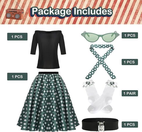ملابس Leadtex Sock Hop للنساء، تنانير بودل من خمسينيات القرن العشرين، تي شيرت بودل مع إكسسوارات الخمسينيات وجوارب ووشاح وحزام ونظارات in Kuwait