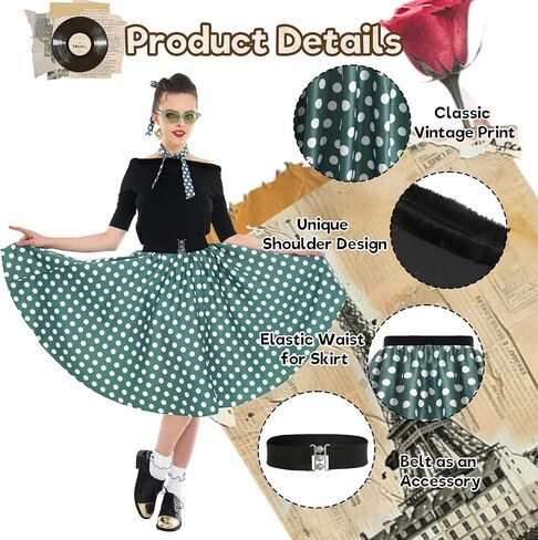 ملابس Leadtex Sock Hop للنساء، تنانير بودل من خمسينيات القرن العشرين، تي شيرت بودل مع إكسسوارات الخمسينيات وجوارب ووشاح وحزام ونظارات in Kuwait