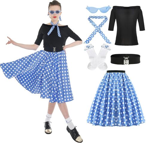 ملابس Leadtex Sock Hop للنساء، تنانير بودل من خمسينيات القرن العشرين، تي شيرت بودل مع إكسسوارات الخمسينيات وجوارب ووشاح وحزام ونظارات in Kuwait