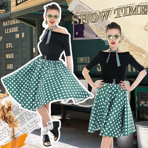 ملابس Leadtex Sock Hop للنساء، تنانير بودل من خمسينيات القرن العشرين، تي شيرت بودل مع إكسسوارات الخمسينيات وجوارب ووشاح وحزام ونظارات in Kuwait