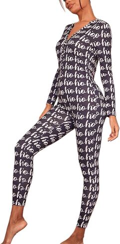 Miqil Women Christmas Pajama Romper Ugly Print Button Down Long Sleeve Bodycon Jumpsuit One Piece Sleepwear in Saudi Arabia