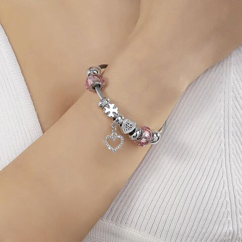 Personalized Charm Bracelet Set – Silver Bracelet with Heart-Shaped, Pink, and Floral Charms, Customizable Jewelry Gift for Her, Trendy Adjustable Silver-Tone Bracelet. in Saudi Arabia