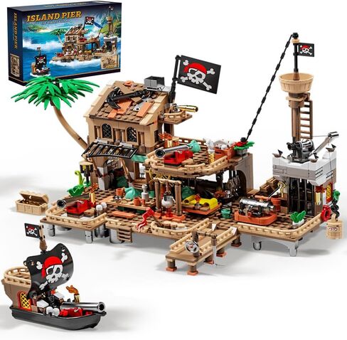 RiceBlock Pirate Ship Building Toys, Pirate Wharf Themed City Store Building Bricks Sets for Boys Age 8-12, 573 Pieces, Advent Calendar 2024 in Saudi Arabia