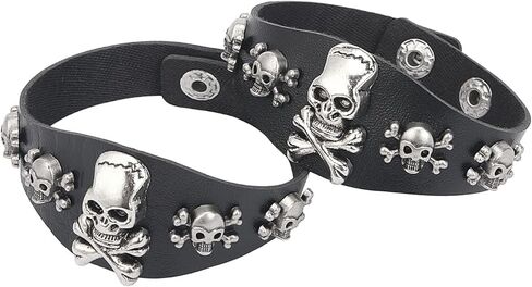 Punk Skull Bracelet, Faux Leather Skeleton Cuffs for Halloween Parties, Black in Saudi Arabia