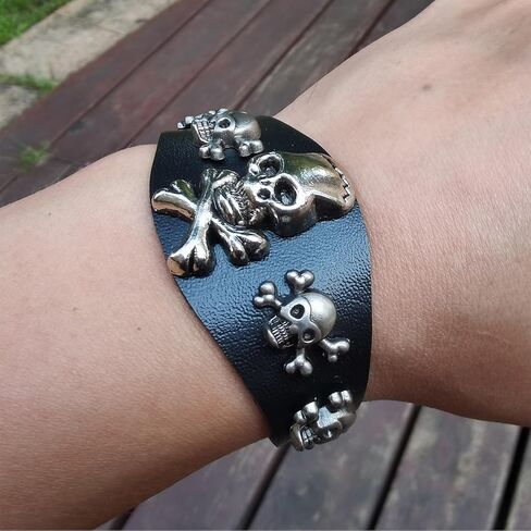 Punk Skull Bracelet, Faux Leather Skeleton Cuffs for Halloween Parties, Black in Saudi Arabia