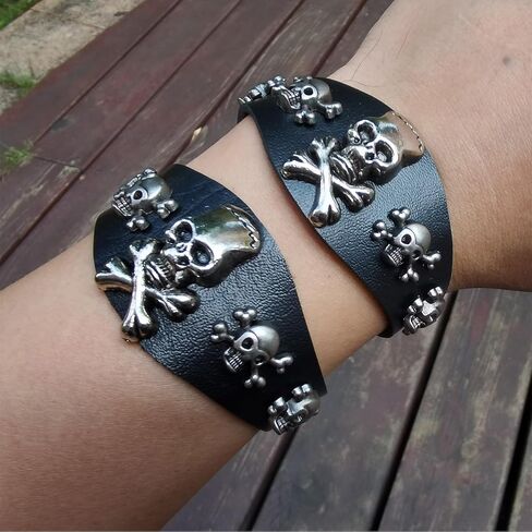 Punk Skull Bracelet, Faux Leather Skeleton Cuffs for Halloween Parties, Black in Saudi Arabia