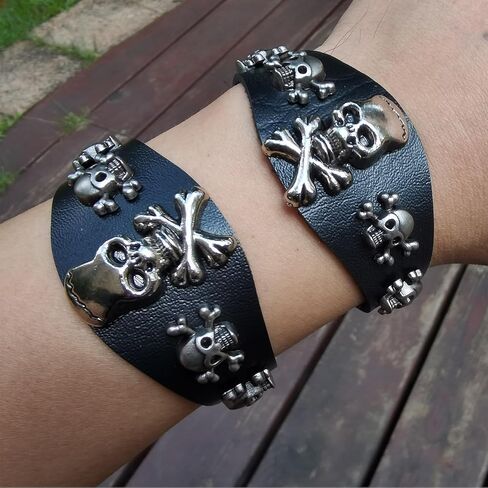 Punk Skull Bracelet, Faux Leather Skeleton Cuffs for Halloween Parties, Black in Saudi Arabia