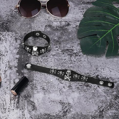 Punk Skull Bracelet, Faux Leather Skeleton Cuffs for Halloween Parties, Black in Saudi Arabia