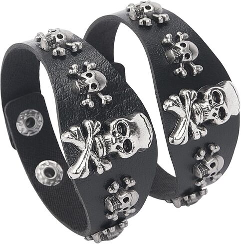 Punk Skull Bracelet, Faux Leather Skeleton Cuffs for Halloween Parties, Black in Saudi Arabia