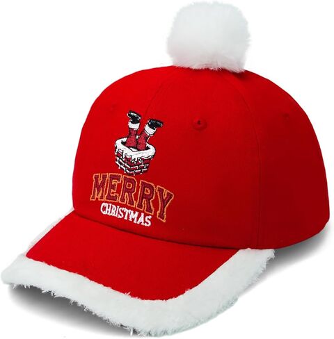 Funny Christmas Hat Unisex Adult Adjustable Embroidered Red Santa Baseball Cap with Fuzzy Fur Pom in Saudi Arabia
