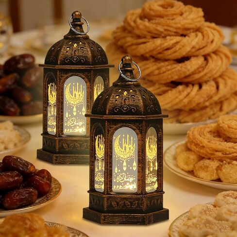 ديكورات رمضان، أضواء فانوس رمضان مع زخارف نجمة القمر الإسلامية، ديكور فانوس معلق LED صغير، ديكورات عيد مبارك لمدفأة الطاولة المنزلية، هدايا عيد رمضان 2 حزمة in Kuwait