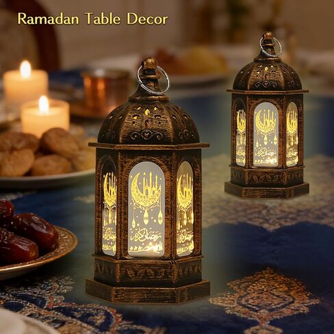 ديكورات رمضان، أضواء فانوس رمضان مع زخارف نجمة القمر الإسلامية، ديكور فانوس معلق LED صغير، ديكورات عيد مبارك لمدفأة الطاولة المنزلية، هدايا عيد رمضان 2 حزمة in Kuwait