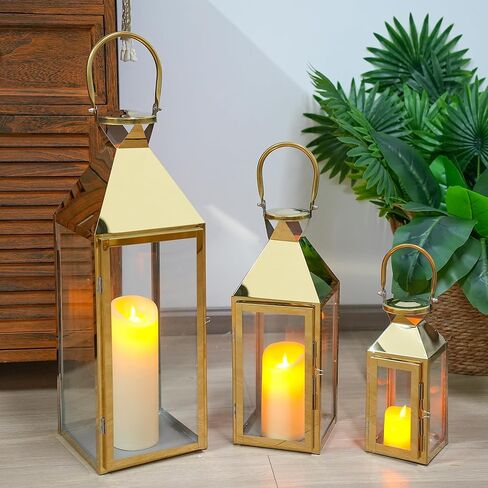 Elegant Candle Lantern Set- 3 Sizes (26", 19", 13" H) - Tempered Glass Panel Metal Lanterns for Versatile Indoor & Outdoor Decorating - Perfect for Celebrations(Black) in Saudi Arabia