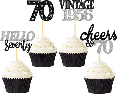 24 PCS GLITTER 70th عيد ميلاد كب كيك أعلى للاحتفال بزخارف حفلة عيد ميلاد 70 لسبعين عاما لوازم حفلة عيد ميلاد (الذهب) in Kuwait