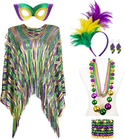 Mepase 18 Pcs Mardi Gras Shawl Scarf Costume Accessories Mardi Gras Outfit for Women Headband Earrings Beads Necklaces Eye Mask for Carnival Party Decorations in Saudi Arabia