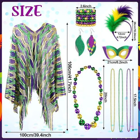 Mepase 18 Pcs Mardi Gras Shawl Scarf Costume Accessories Mardi Gras Outfit for Women Headband Earrings Beads Necklaces Eye Mask for Carnival Party Decorations in Saudi Arabia