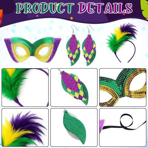 Mepase 18 Pcs Mardi Gras Shawl Scarf Costume Accessories Mardi Gras Outfit for Women Headband Earrings Beads Necklaces Eye Mask for Carnival Party Decorations in Saudi Arabia