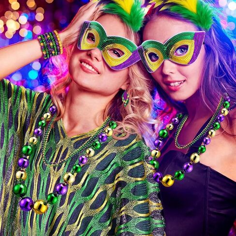 Mepase 18 Pcs Mardi Gras Shawl Scarf Costume Accessories Mardi Gras Outfit for Women Headband Earrings Beads Necklaces Eye Mask for Carnival Party Decorations in Saudi Arabia