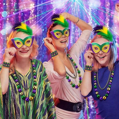 Mepase 18 Pcs Mardi Gras Shawl Scarf Costume Accessories Mardi Gras Outfit for Women Headband Earrings Beads Necklaces Eye Mask for Carnival Party Decorations in Saudi Arabia