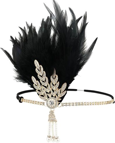 1920's Flapper Feather Headband Art Deco Headpiece Inspired Leaf Medallion Pearl Headband in Saudi Arabia
