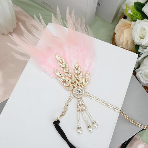 1920's Flapper Feather Headband Art Deco Headpiece Inspired Leaf Medallion Pearl Headband in Saudi Arabia