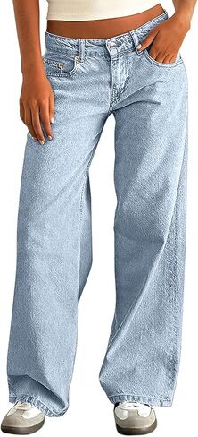 IWOLLENCE Women's Baggy Jeans Low Rise Straight Wide Leg Cowboy Pants Boyfriend Distressed Denim Jean Pant with Pockets in Saudi Arabia