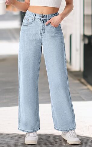IWOLLENCE Women's Baggy Jeans Low Rise Straight Wide Leg Cowboy Pants Boyfriend Distressed Denim Jean Pant with Pockets in Saudi Arabia