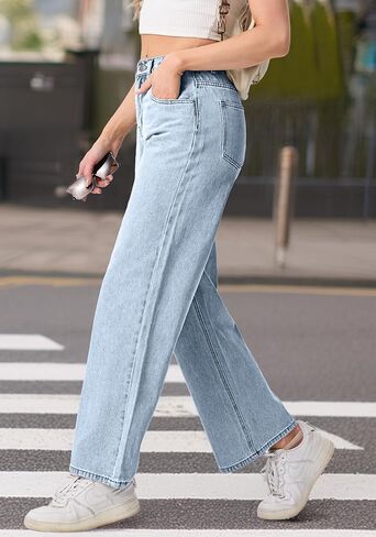 IWOLLENCE Women's Baggy Jeans Low Rise Straight Wide Leg Cowboy Pants Boyfriend Distressed Denim Jean Pant with Pockets in Saudi Arabia
