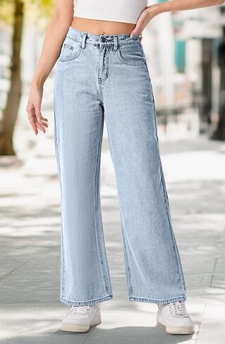 IWOLLENCE Women's Baggy Jeans Low Rise Straight Wide Leg Cowboy Pants Boyfriend Distressed Denim Jean Pant with Pockets in Saudi Arabia