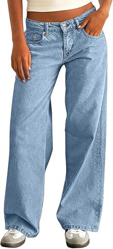 IWOLLENCE Women's Baggy Jeans Low Rise Straight Wide Leg Cowboy Pants Boyfriend Distressed Denim Jean Pant with Pockets in Saudi Arabia