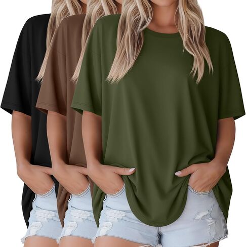 3 Pack Women Oversized T Shirts Loose Fit Crewneck Short Sleeve Casual Tops Baggy Summer Workout Basic Tee in Saudi Arabia