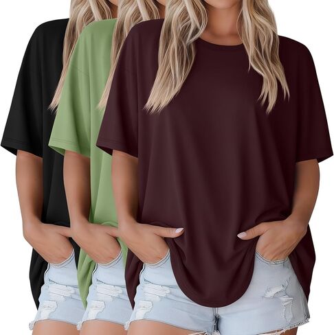 3 Pack Women Oversized T Shirts Loose Fit Crewneck Short Sleeve Casual Tops Baggy Summer Workout Basic Tee in Saudi Arabia