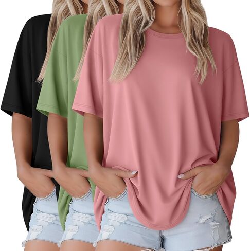 3 Pack Women Oversized T Shirts Loose Fit Crewneck Short Sleeve Casual Tops Baggy Summer Workout Basic Tee in Saudi Arabia