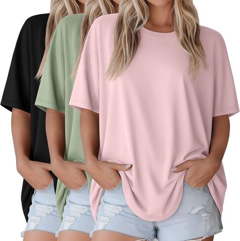 3 Pack Women Oversized T Shirts Loose Fit Crewneck Short Sleeve Casual Tops Baggy Summer Workout Basic Tee in Saudi Arabia