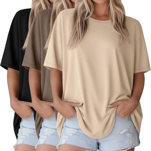 3 Pack Women Oversized T Shirts Loose Fit Crewneck Short Sleeve Casual Tops Baggy Summer Workout Basic Tee in Saudi Arabia